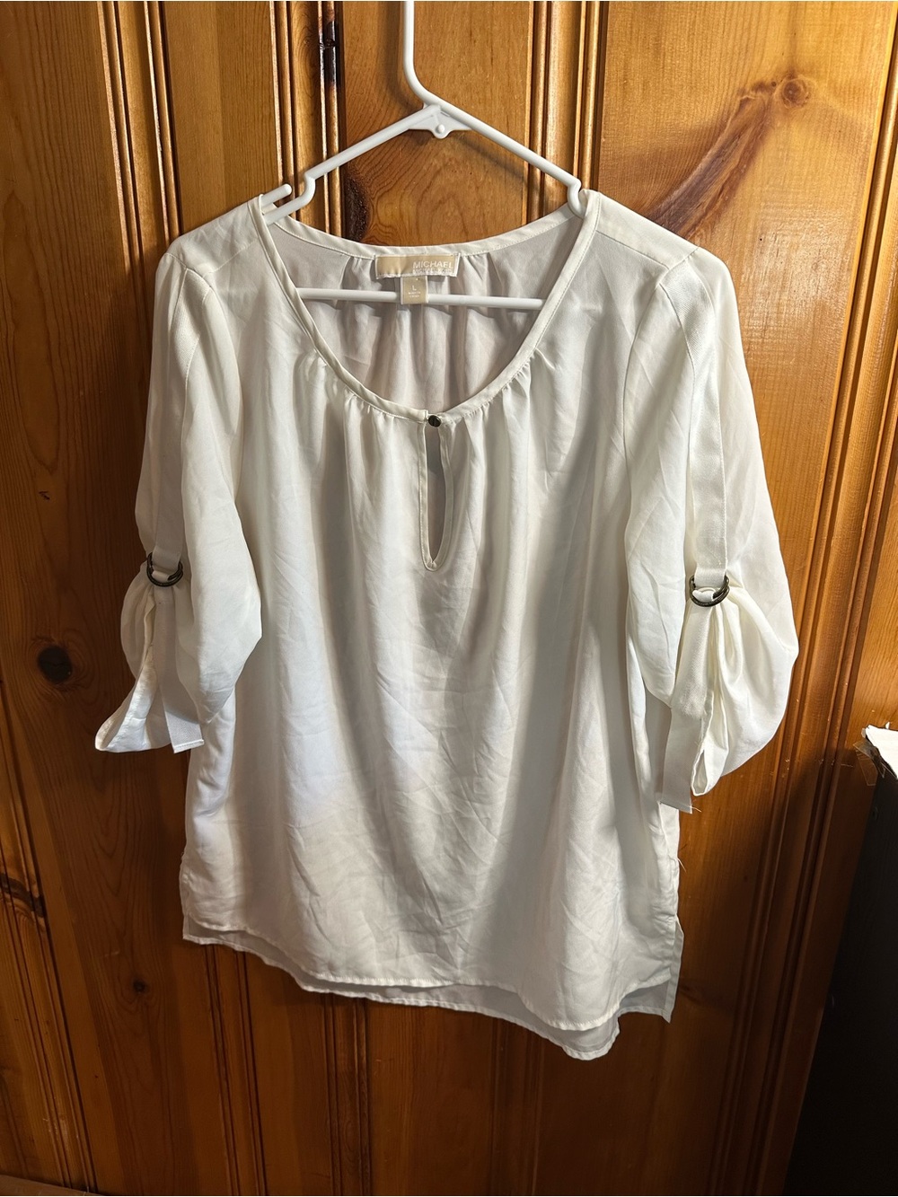 Michael Kors White Keyhole Blouse with Roll-Tab Sleeves